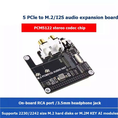 Placa de Expansão de Áudio PCIe para M.2 NVMe e I2S para Raspberry Pi - Adaptador SSD NVMe - Módulo de Interface de Áudio Digital 2