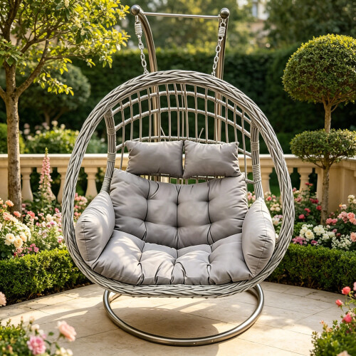 Fimous Fimous Rattan Double Egg Hang Chair Grey Cushion 1