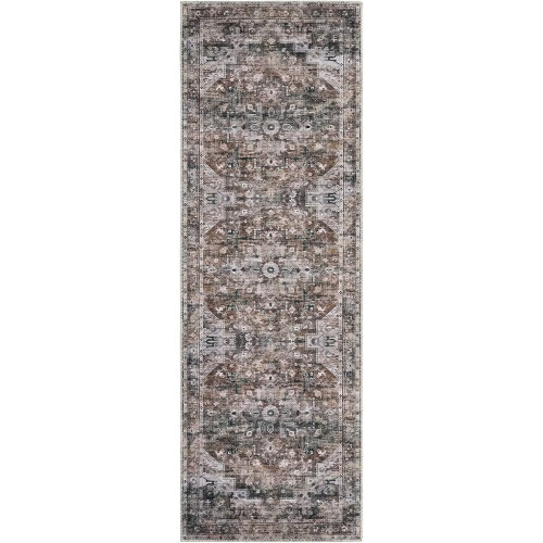 Covor de hol Garvee, 2x6ft, maro, cu design tribal boho 1
