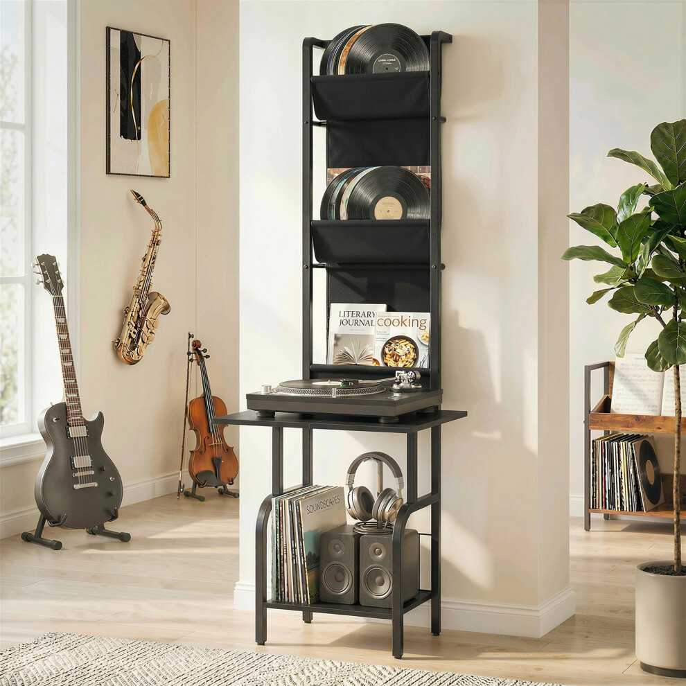 Homcom Vinyl Record Player Stand With Oxford Pockets, Black