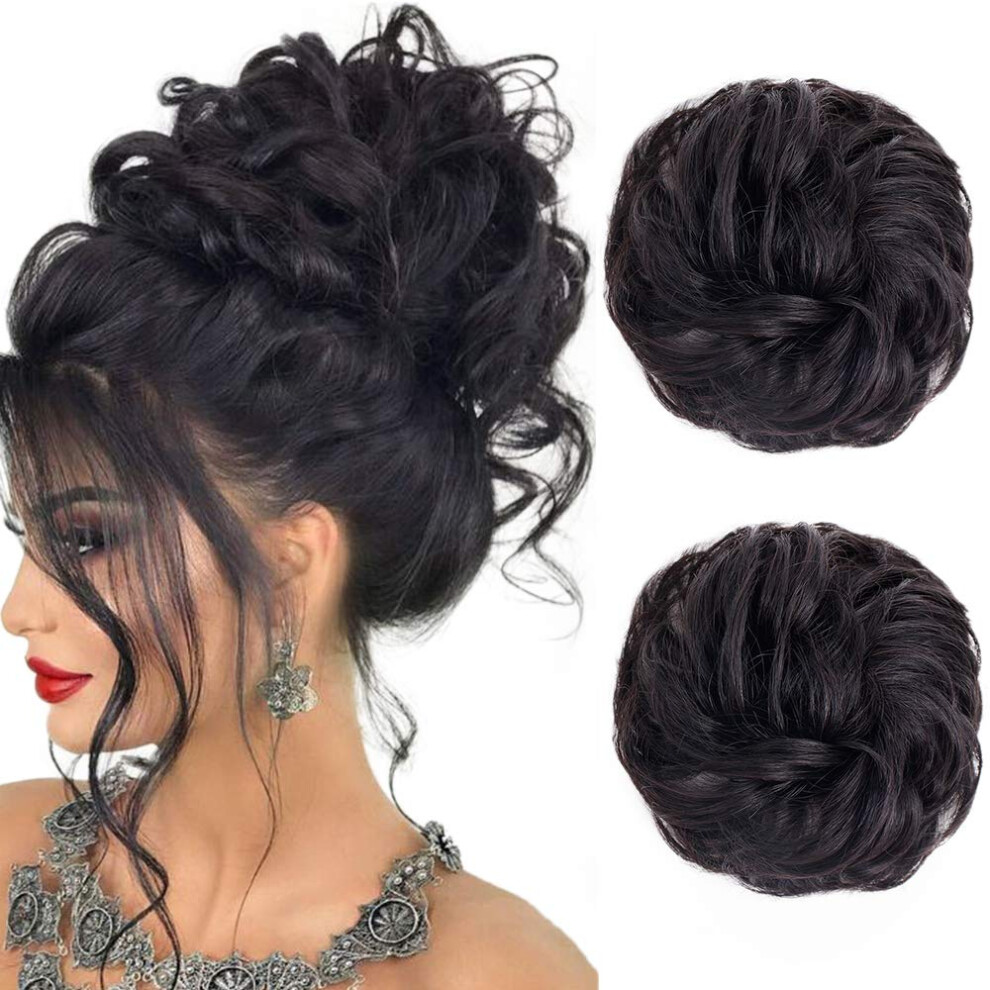 Human Hair Bun Extension Natural Black Messy Chignon 100% Real Hair Scrunchie for Women 2 Pack