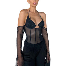 Tuta trasparente da donna, tuta aderente a maniche lunghe, tuta intera sexy in rete, outfit da club, vestibilità aderente elasticizzata con scollo