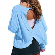 Open Back Workout Tops for Women Long Sleeve-Sky Blue XXL