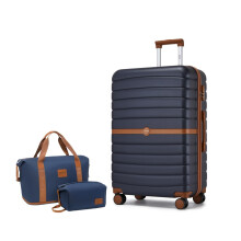(28 inch+travel bag) Navy Brown 1 to 3-Piece PC Hard Shell Luggage and Travel Bag Set Holiday Luggage Set