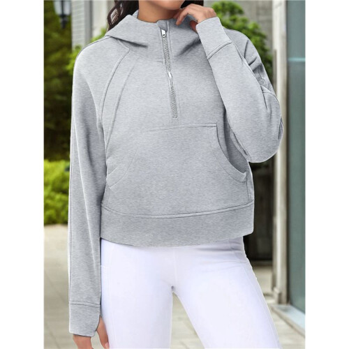 Felpe con Cappuccio da Donna, Mezza Zip, Maniche Lunghe, Corte, Pullover, Tasche e Foro per il Pollice Grigio M 2