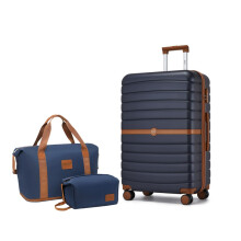 (24 inch+travel bag) Navy Brown 1 to 3-Piece PC Hard Shell Luggage and Travel Bag Set Holiday Luggage Set