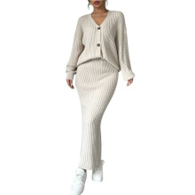Women'S Two-Piece Sweater Set Knitted Long-Sleeved Button-Down Coat Top Slim-Fit Maxi Skirt Autumn Clothing Apricot L