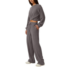Women 2 Piece Outfits Sweatsuit Set Twist Front Cropped Sweatshirt Wide Leg Sweatpant Lounge Set Gray L