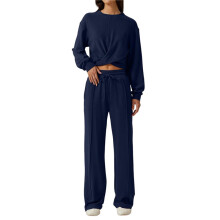 Completo da Donna Composto da 2 Pezzi: Tuta, Felpa Corta con Nodo Sul Davanti, Pantaloni Larghi Della Tuta e Set da Salotto Blu Navy XL