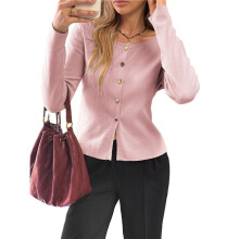 Damen-Urlaubs-Cardigan mit Knöpfen, Langärmelig, Strickoberteil, Business-Casual, Rundhalsausschnitt, Slim Fit, Jackenhemd Rosa S
