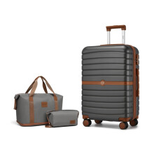 (24 inch+travel bag) Grey Brown 1 to 3-Piece PC Hard Shell Luggage and Travel Bag Set Holiday Luggage Set