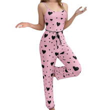 Damen-Pyjama-Set mit Herz-Print, Bauchfreies Top und Hose mit Weitem Bein, Zweiteilig, Loungewear, Nachtwäsche Schwarze Liebe & Rosa L
