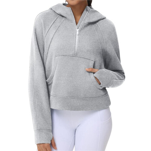 Felpe con Cappuccio da Donna, Mezza Zip, Maniche Lunghe, Corte, Pullover, Tasche e Foro per il Pollice Grigio M