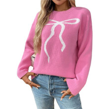 Womens Cute-Bow Knit Sweater Y2K Long Sleeve Crew Neck Knitted Pullover Sweater Loose Fit Casual Jumper Tops Rose Red M