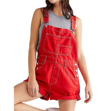 Women Denim Shorts Overalls Summer Casual Loose Fit Adjustable Rompers Jean Jumpsuit Bib Shortalls Red XL