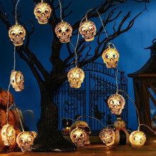 Luzes de Halloween em formato de caveira, 1,5 m, 10 LEDs, alimentadas por bateria.