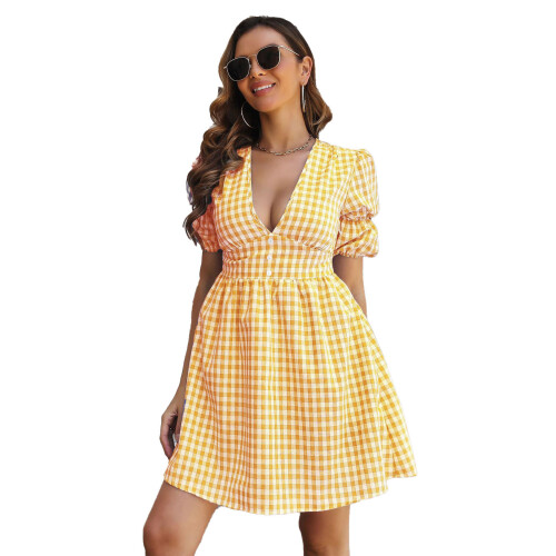 Φόρεμα σε γραμμή Swing με βαθύ V ντεκολτέ, Casual Aline φόρεμα με φουσκωτά μανίκια για