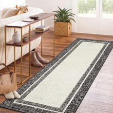 Brown bordered runner rug washable low pile non-slip 2 ft x