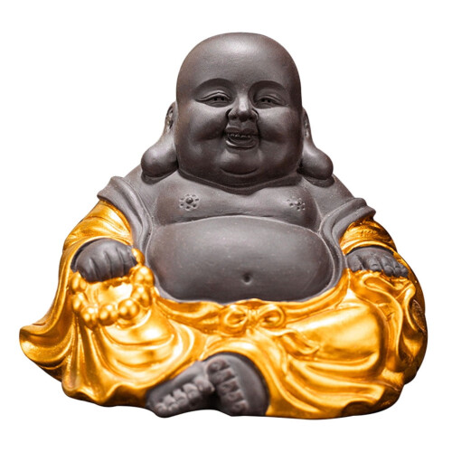 Gyllene Maitreya tedjur lila sandstaty