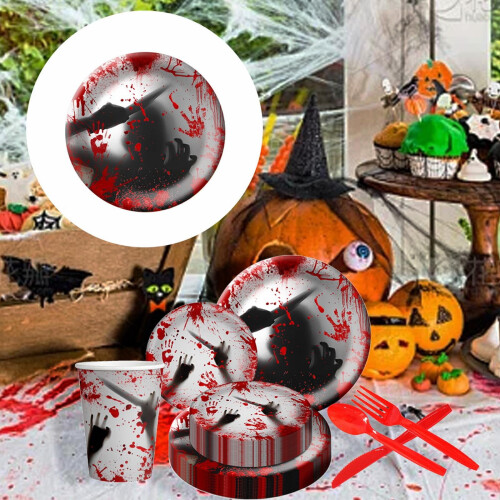 Halloween-set med blodtryckta papperstallrikar och koppar 1