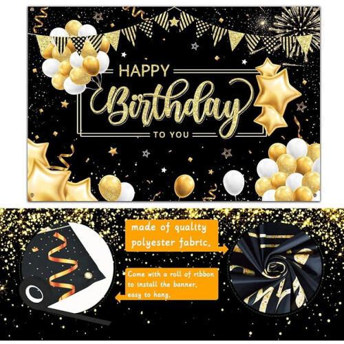 Birthday Backdrop Banner Black and Gold 8ft x 4ft 1