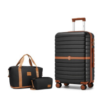 (24 inch+travel bag) Black Brown 1 to 3-Piece PC Hard Shell Luggage and Travel Bag Set Holiday Luggage Set