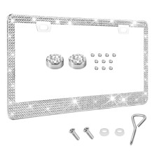 White Rhinestone License Plate Frame for Women, Sparkly Diamond Bling Holder with Crystal Screw Caps