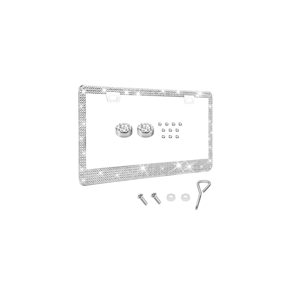 Rhinestone License Plate Frame For Women, Sparkly Diamond Bling Holder With Crystal Screw Caps White 9310869831242
