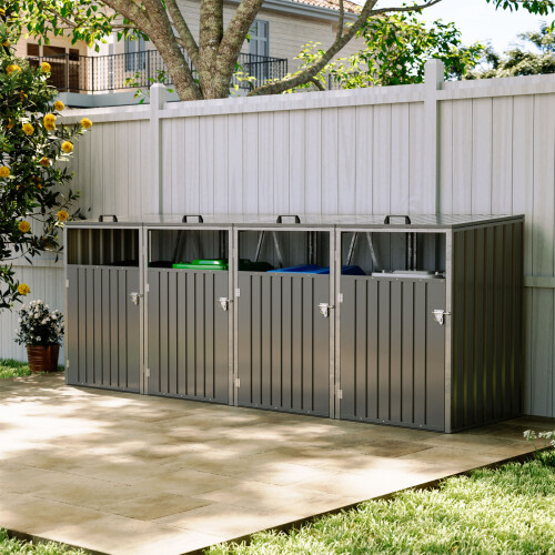 Garden Metal 4 Bin Storage Shed Garbage Can Storage, Grey 1