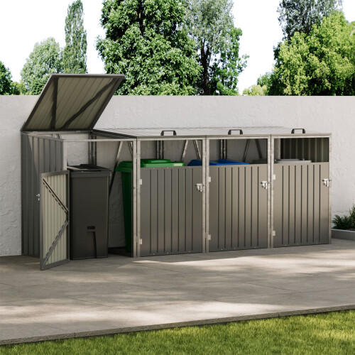 Garden Metal 4 Bin Storage Shed Garbage Can Storage, Grey
