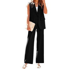 Zweiteilige Outfits für Damen, Ärmellose Anzugweste und Weite Hose, Business-Casual-Blazer-Sets Schwarz S
