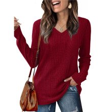 Womens Long Sleeve Tops V Neck Shirts Light-Weight Tunic Sweaters Fashion Red XL