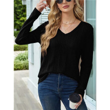 Womens Long Sleeve Tops V Neck Shirts Light-Weight Tunic Sweaters Fashion Black XXL