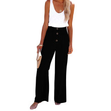 Wijde broek voor dames, zwierige broek met hoge taille, casual lange loungebroek met knoopsluiting en zakken, palazzo broek met elastische