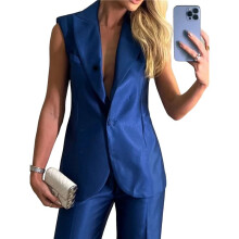 Zweiteilige Outfits für Damen, Ärmellose Anzugweste und Weite Hose, Business-Casual-Blazer-Sets Blau S