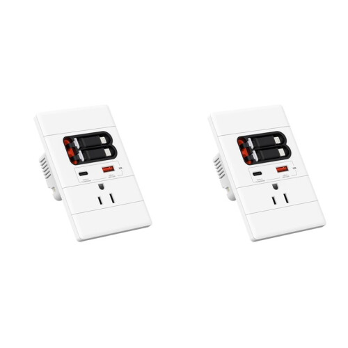 2X Tomada de Parede USB-C com GaN PD20W, USB-C e USB-A, e USB-C Retrátil para Cabos de Interface para , Resistente A Adulteração, 15A 125V