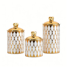 Set Of 3 Stylish Gold Decoration Sealed Canister Food-white