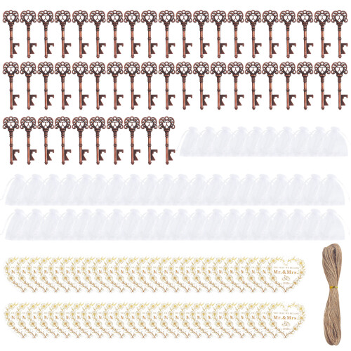 50Pcs Antique Key Shape Bottle Opener with Drawstring Bag for