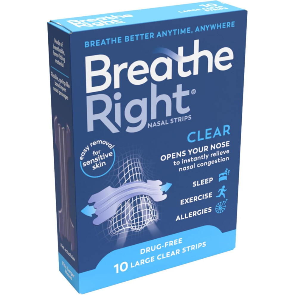 Breathe Right Clear Nasal Strips - Large Size, 10 Count