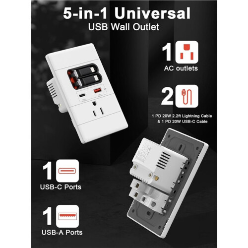 2X Tomada de Parede USB-C com GaN PD20W, USB-C e USB-A, e USB-C Retrátil para Cabos de Interface para , Resistente A Adulteração, 15A 125V 2