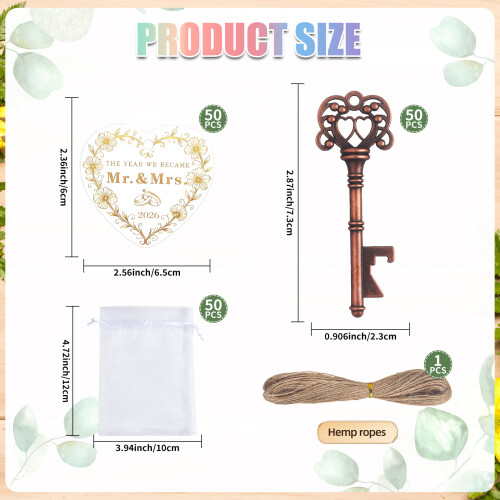 50Pcs Antique Key Shape Bottle Opener with Drawstring Bag for 2