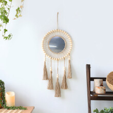 Hand-Woven Tassel Mirror with Wooden Beads and Cutout Design