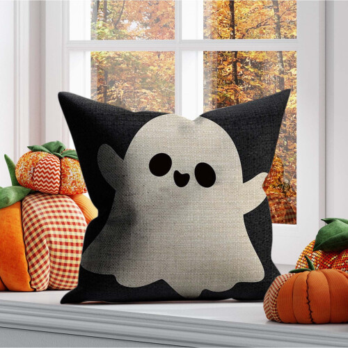 Capas de almofada de Halloween em linho com abóbora e fantasma, 45x45 cm (18x18 polegadas) 1