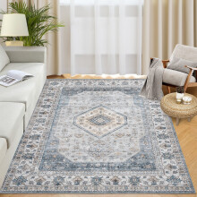 Persian Area Rug Grey Teal 4 ft x 6 ft Washable Low Pile