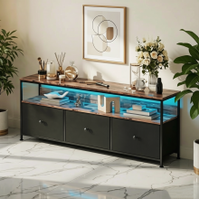 Meuble TV - 137cm - 3 Tiroirs en Tissu & Compartiments Ouverts - Éclairage LED - Rangement Salon - Noir