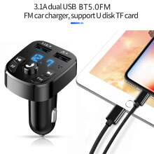 Carregador veicular multifuncional Cantell com carregamento rápido via USB duplo, Bluetooth, viva-voz, transmissor FM e reprodutor de MP3.