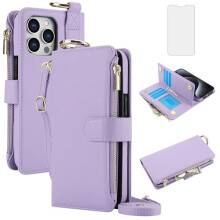 Wallet Case with Zipper Card Holder RFID Blocking Leather Crossbody Strap and Tempered Glass for iPhone 14 Pro