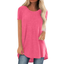Short Sleeve For Women Round Neck Fashion Solid Color-Pink L