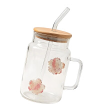 550ml Glass Mug with Lid and Straw Iced Coffee Cup-Camellia