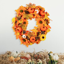 16" Artificial Autumn Wreath with Maple Leaves and Pumpkins